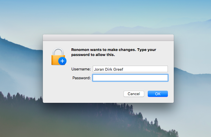 A sudo prompt on OS X for an app called "Ronomon"